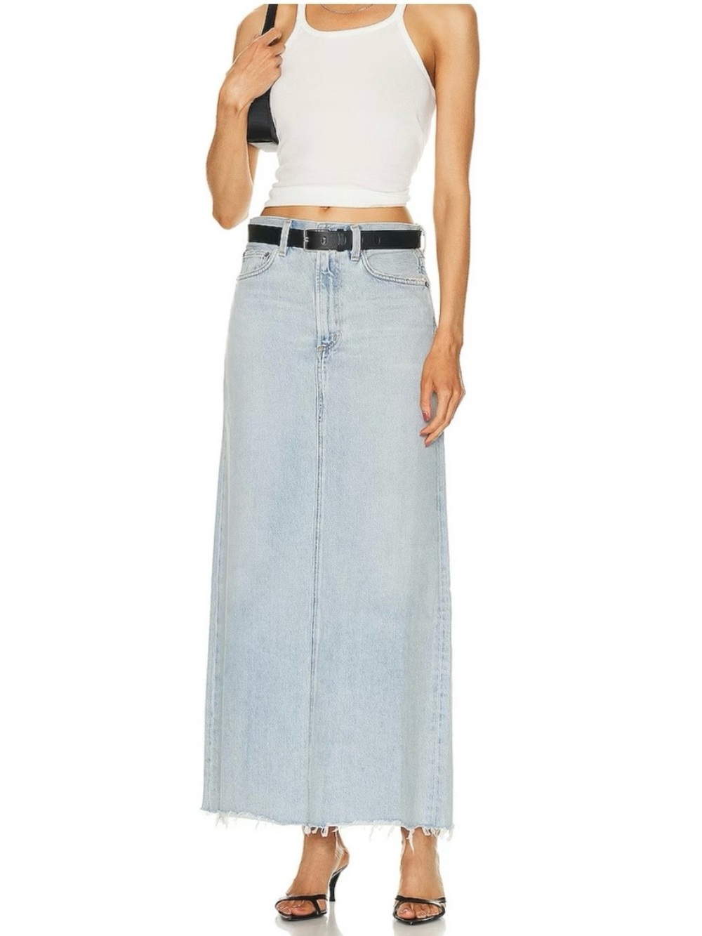 Agolde Hilla Maxi Denim Skirt Light Wash Raw Hem Slit Sz 27